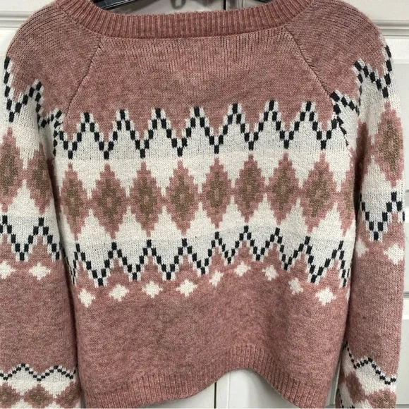 FRYE Argyle Nordic Fair Isle Button Up Cardigan Mauve Small Oversized Preppy SM - Picture 3 of 5